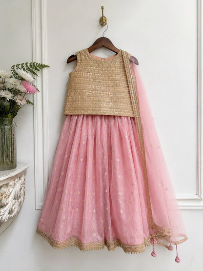 Pink Gold Embroidered Kids Lehenga Set