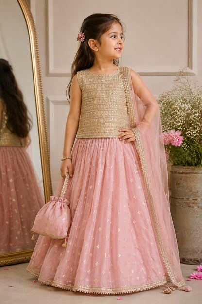 Pink Gold Embroidered Kids Lehenga Set