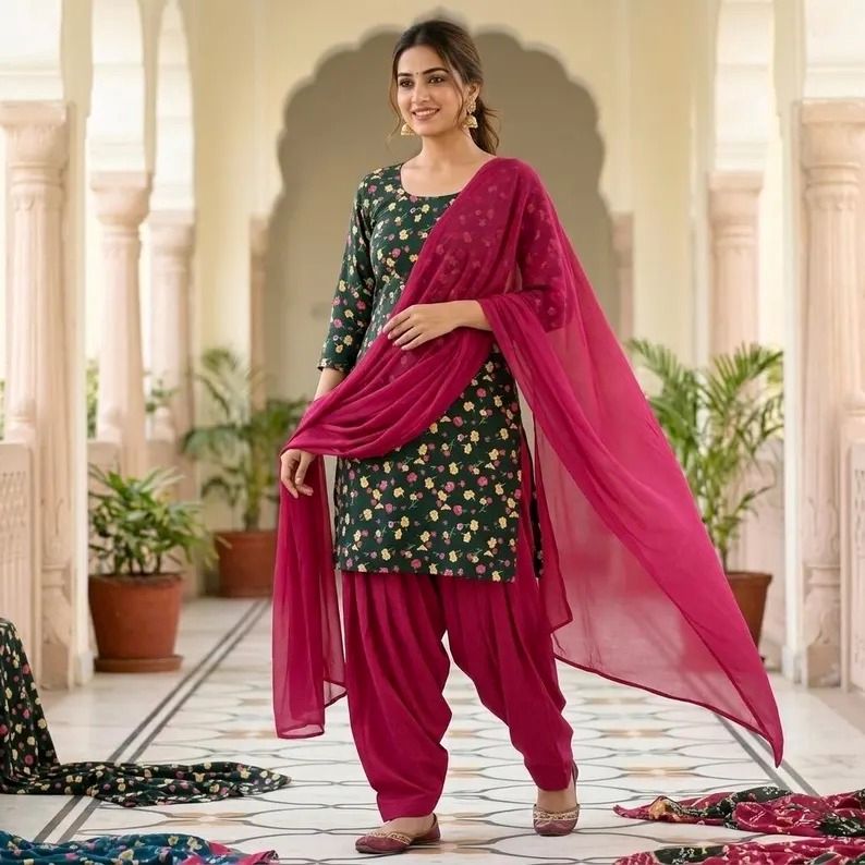 Bottle Green Floral Patiala Suit Set with Rani Pink Dupatta