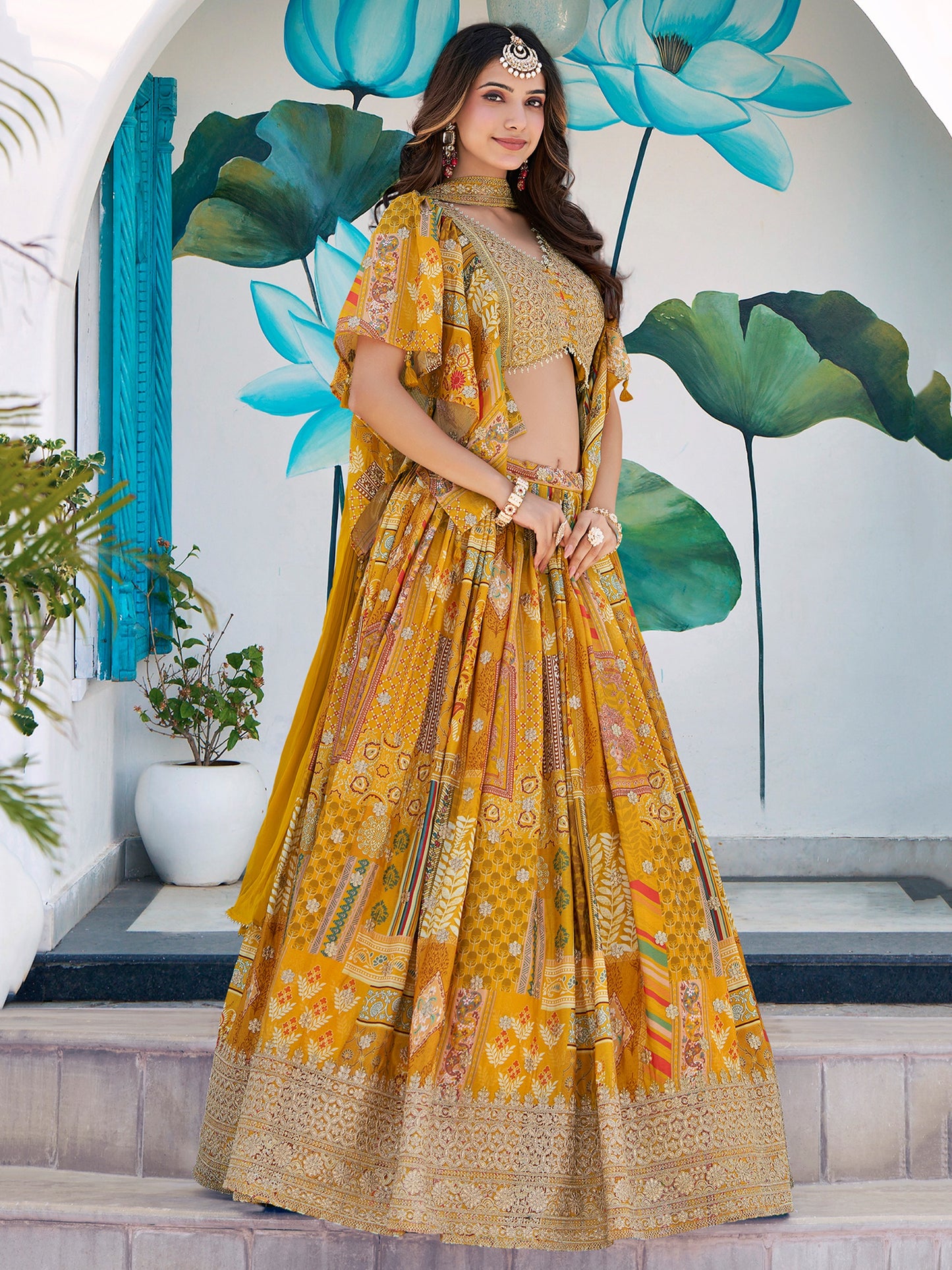 Mustard Yellow Chinon Silk Printed Lehenga Set Custom Stitched