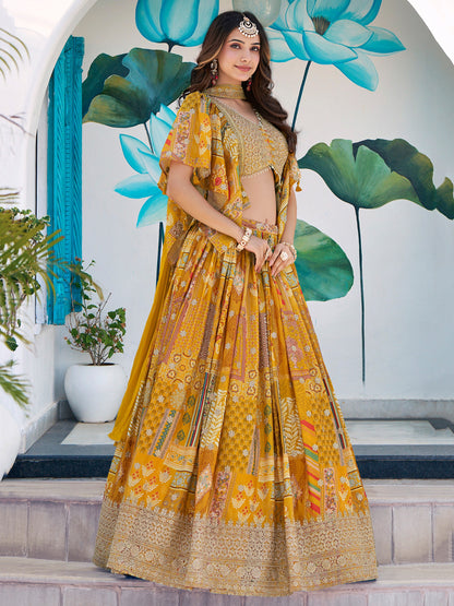 Mustard Yellow Chinon Silk Printed Lehenga Set Custom Stitched