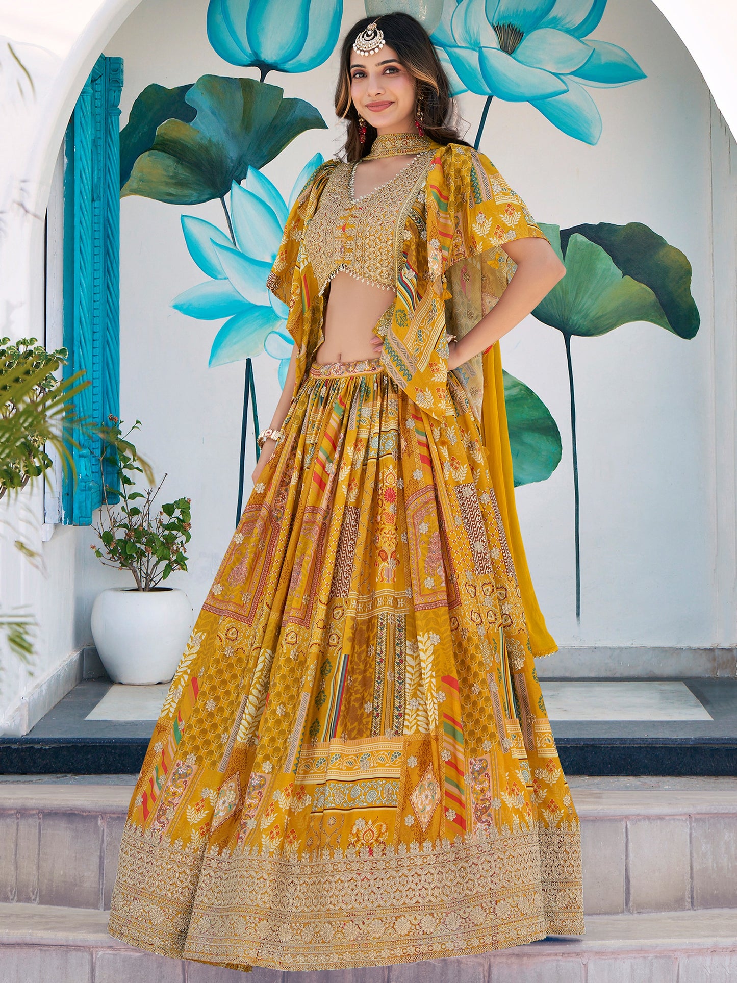 Mustard Yellow Chinon Silk Printed Lehenga Set Custom Stitched