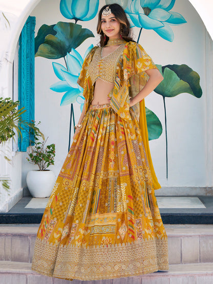 Mustard Yellow Chinon Silk Printed Lehenga Set Custom Stitched
