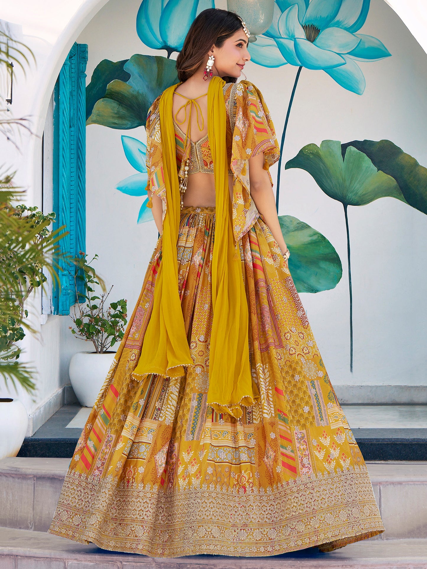 Mustard Yellow Chinon Silk Printed Lehenga Set Custom Stitched