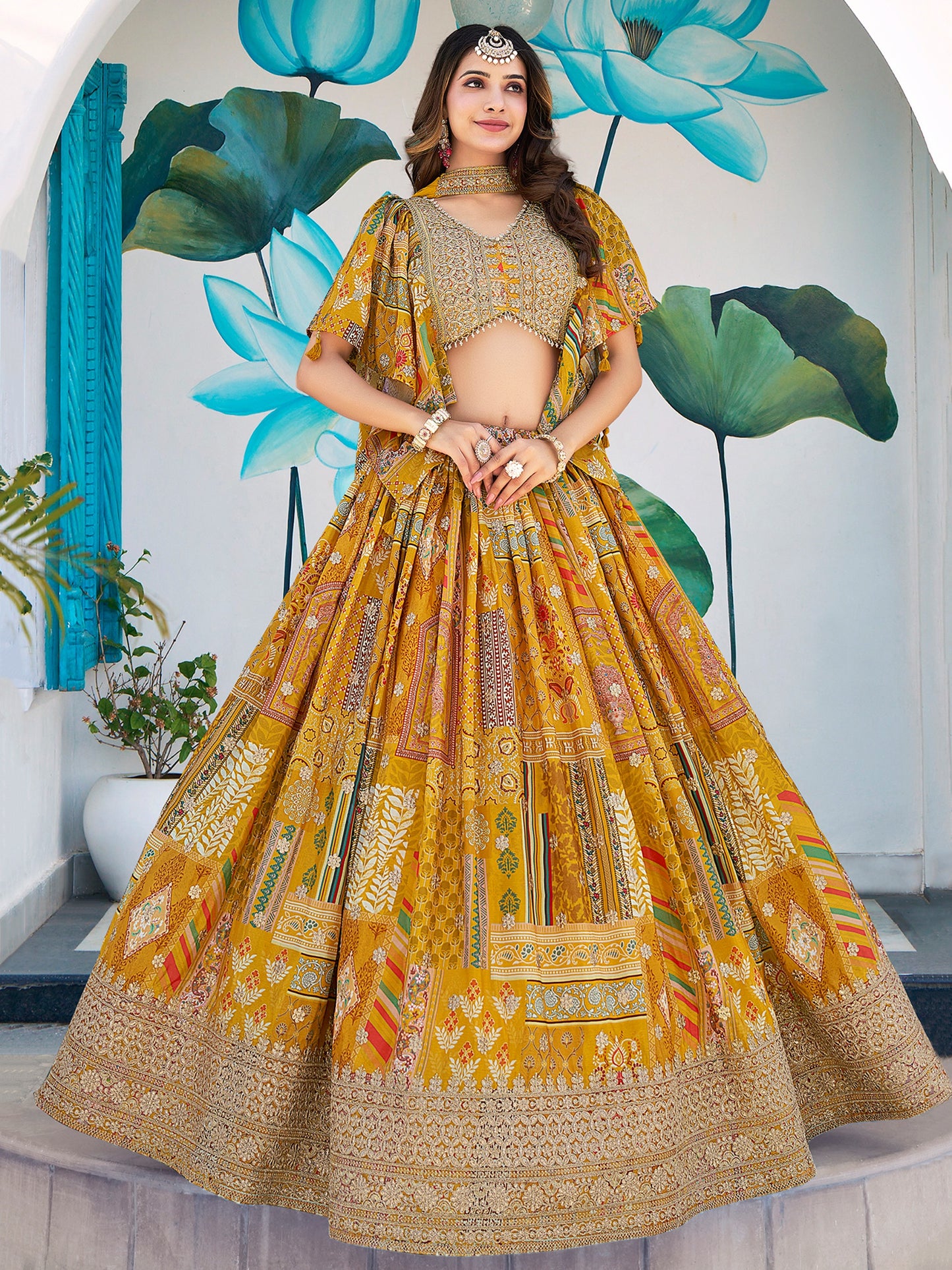 Mustard Yellow Chinon Silk Printed Lehenga Set Custom Stitched