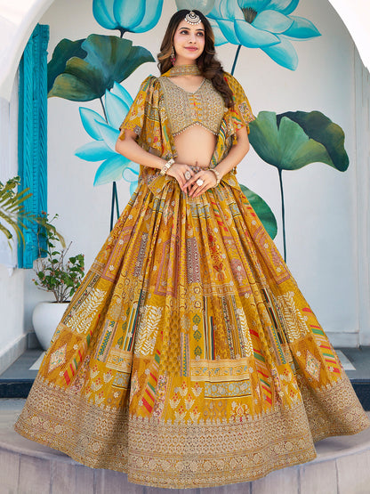 Mustard Yellow Chinon Silk Printed Lehenga Set Custom Stitched