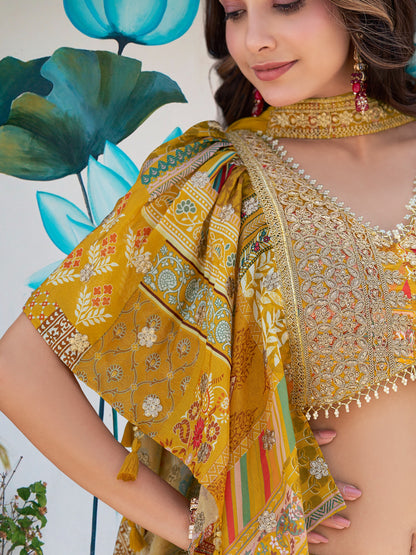 Mustard Yellow Chinon Silk Printed Lehenga Set Custom Stitched