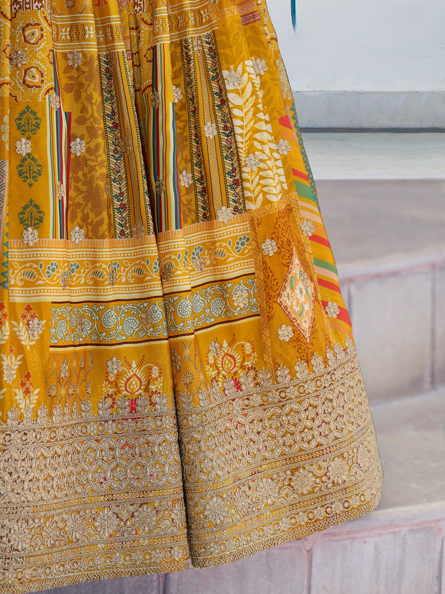 Mustard Yellow Chinon Silk Printed Lehenga Set Custom Stitched