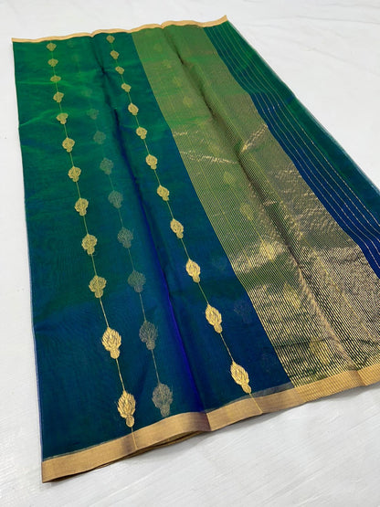 Peacock Blue & Green Katan Silk Saree with Zari Work