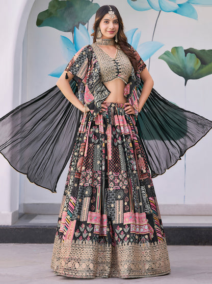 Elegant Black Multicolor Printed Lehenga Set with Golden Embroidered Blouse