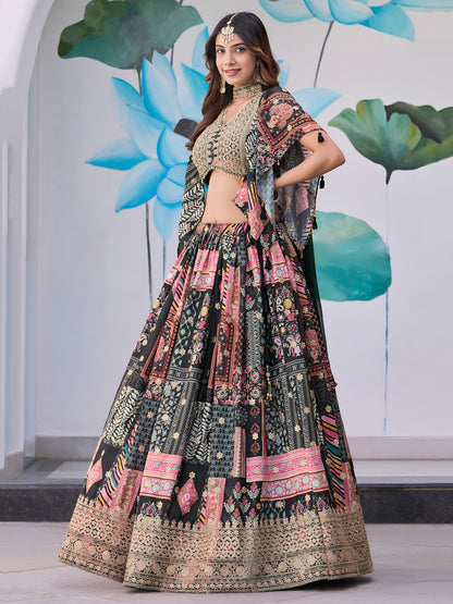 Elegant Black Multicolor Printed Lehenga Set with Golden Embroidered Blouse