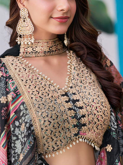 Elegant Black Multicolor Printed Lehenga Set with Golden Embroidered Blouse