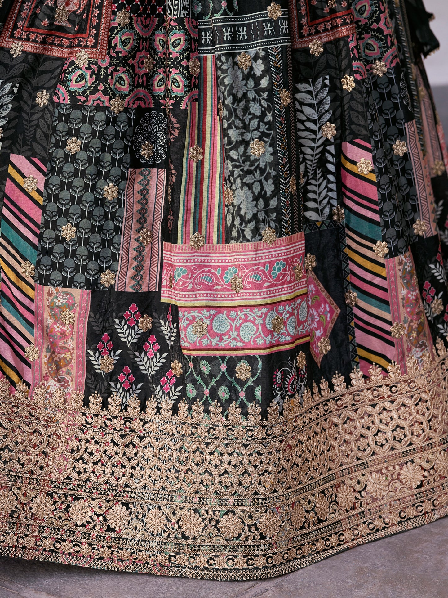 Elegant Black Multicolor Printed Lehenga Set with Golden Embroidered Blouse