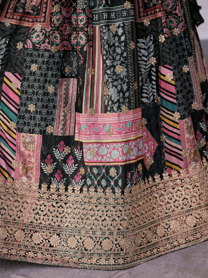 Elegant Black Multicolor Printed Lehenga Set with Golden Embroidered Blouse