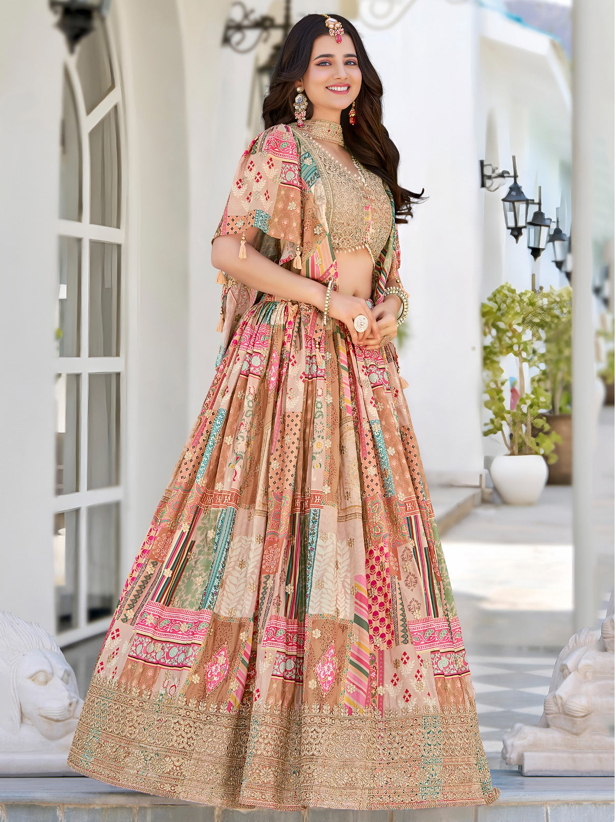Elegant Multicolor Printed Lehenga Choli with Embroidered Blouse