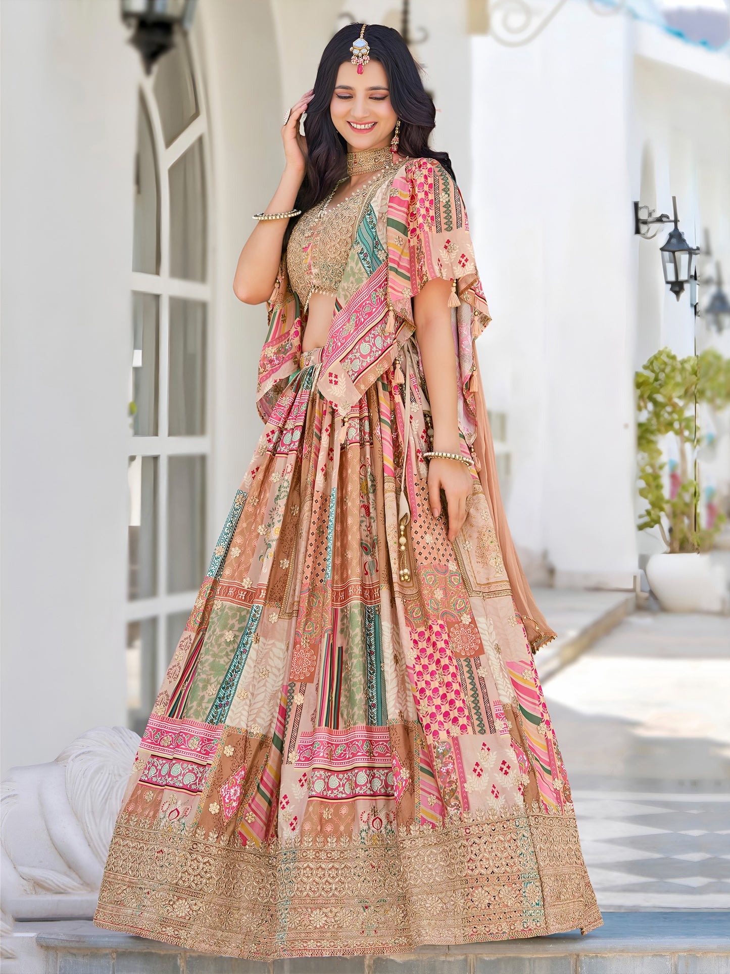 Elegant Multicolor Printed Lehenga Choli with Embroidered Blouse
