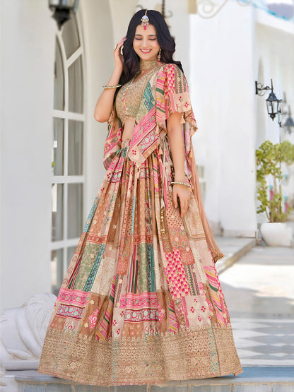 Elegant Multicolor Printed Lehenga Choli with Embroidered Blouse