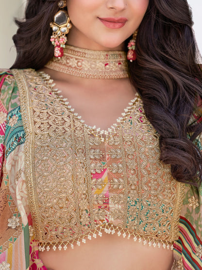 Elegant Multicolor Printed Lehenga Choli with Embroidered Blouse