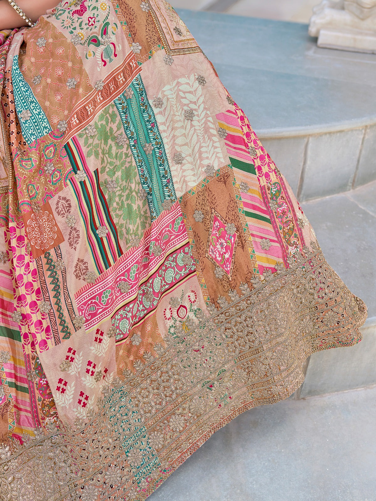 Elegant Multicolor Printed Lehenga Choli with Embroidered Blouse