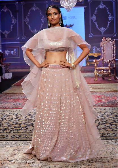 Blush Pink Sequin Lehenga Set with Ruffle Dupatta