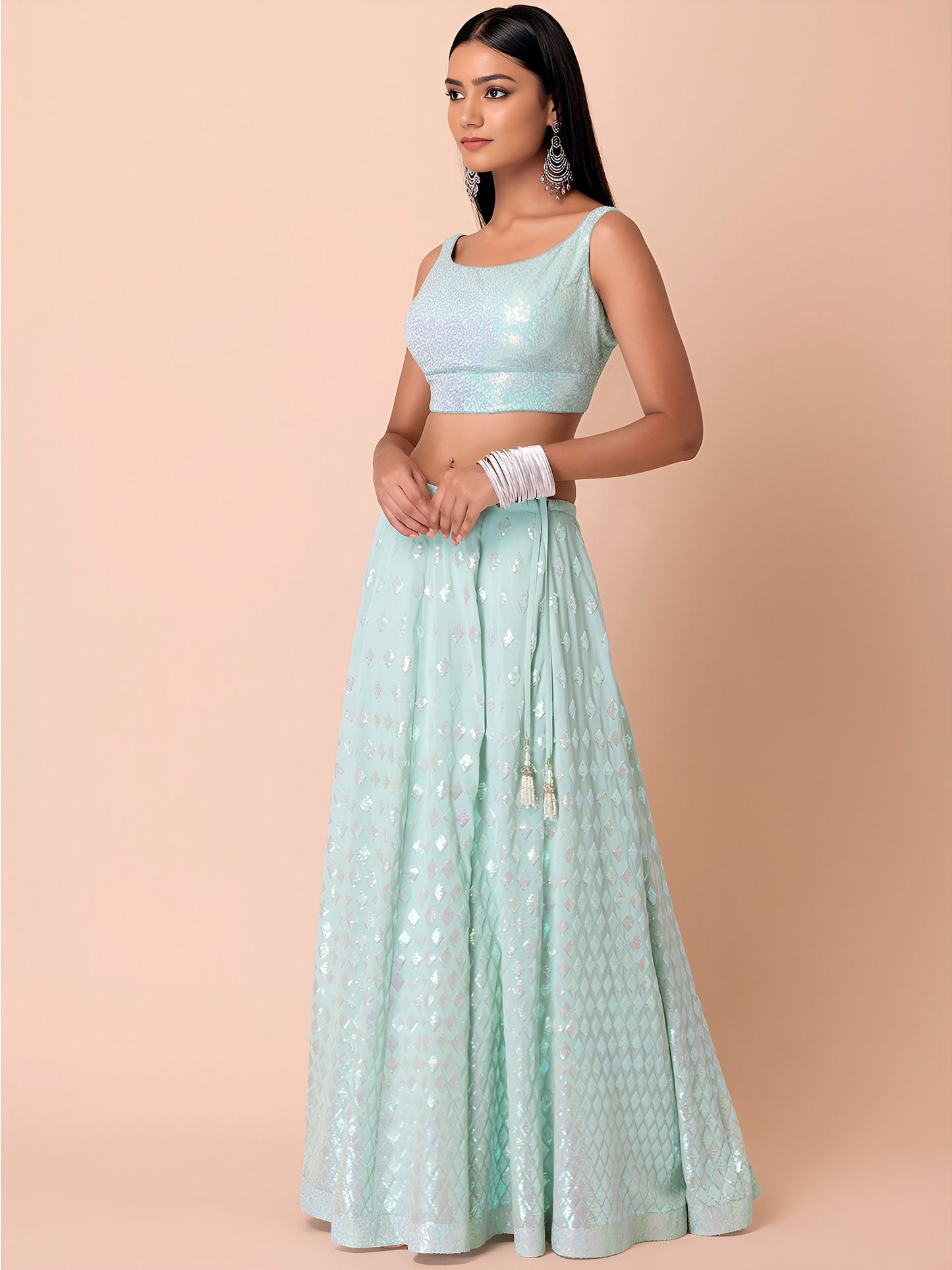 Mint Green Shimmer Georgette Lehenga Set