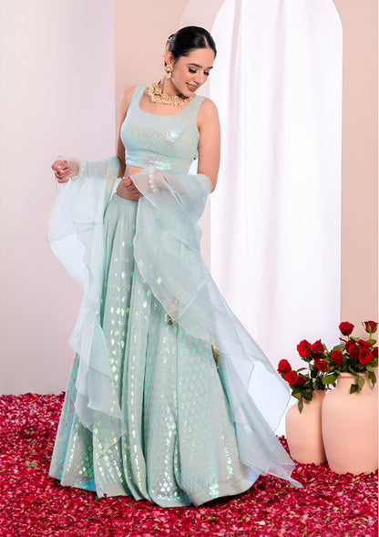 Mint Green Shimmer Georgette Lehenga Set