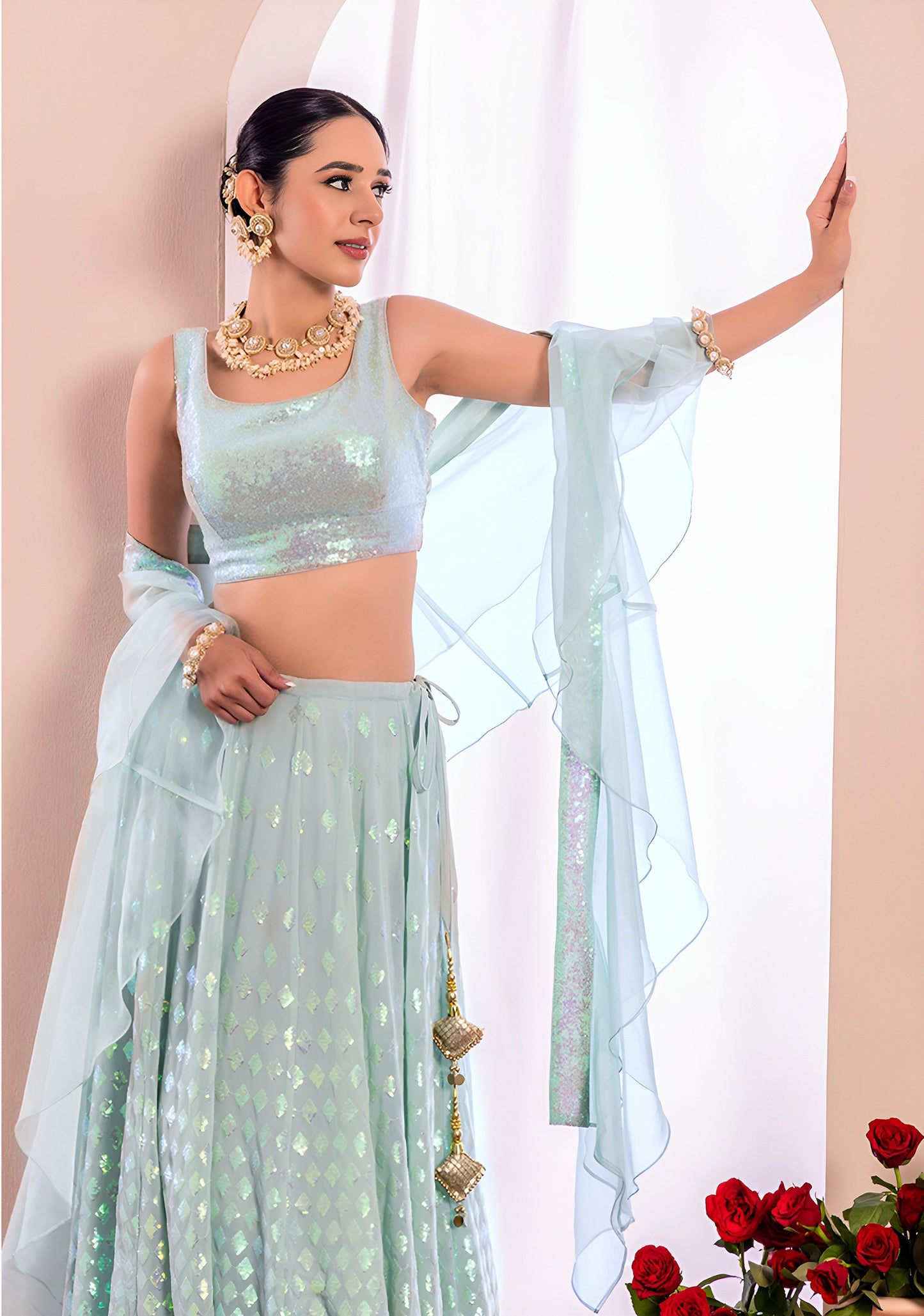 Mint Green Shimmer Georgette Lehenga Set