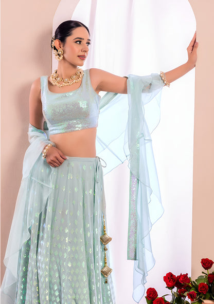 Mint Green Shimmer Georgette Lehenga Set