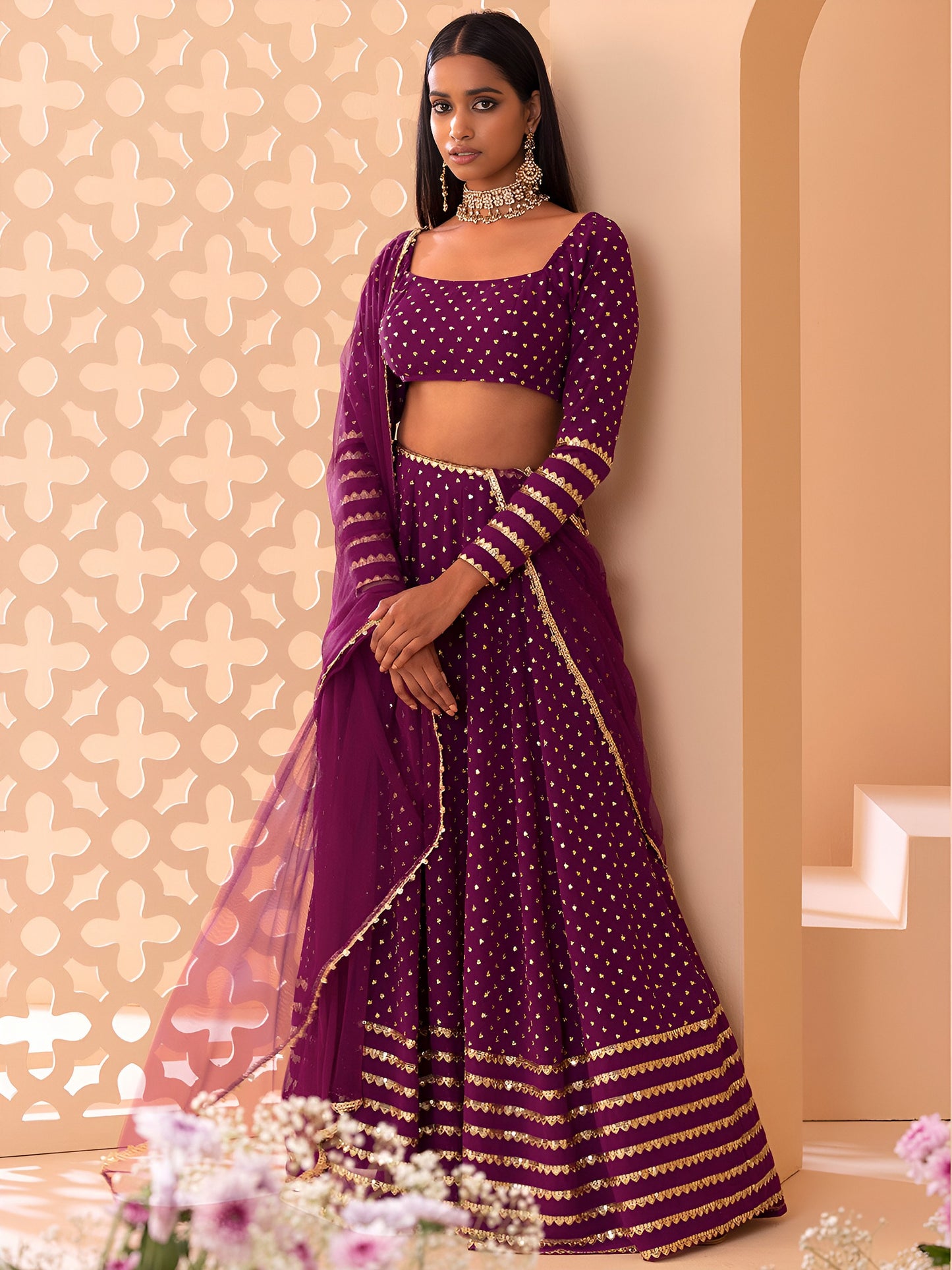 Plum Purple Mirror Work Lehenga Set