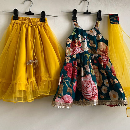 Floral Peplum Top with Yellow Net Lehenga & Dupatta for Kids