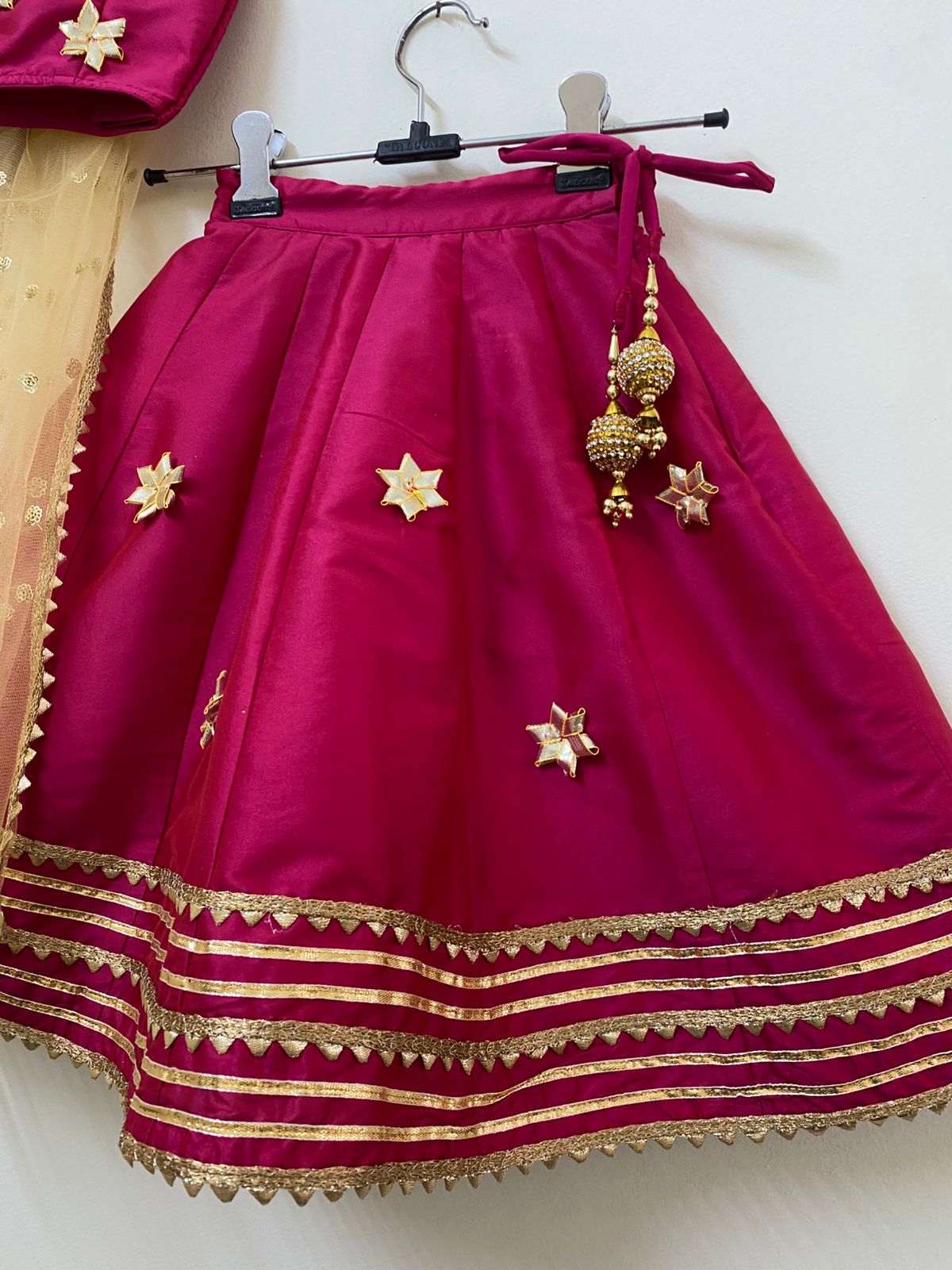 Girl Kids Magenta Pink Gota Embellished Lehenga Set