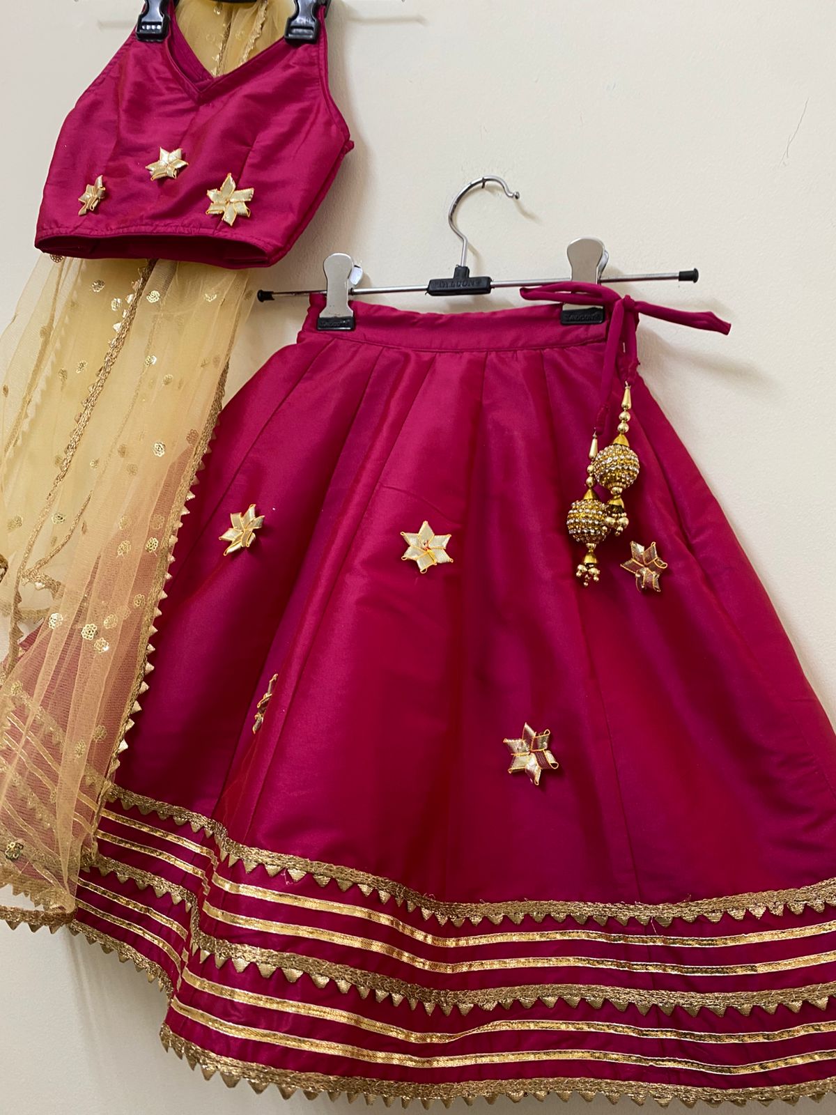 Girl Kids Magenta Pink Gota Embellished Lehenga Set