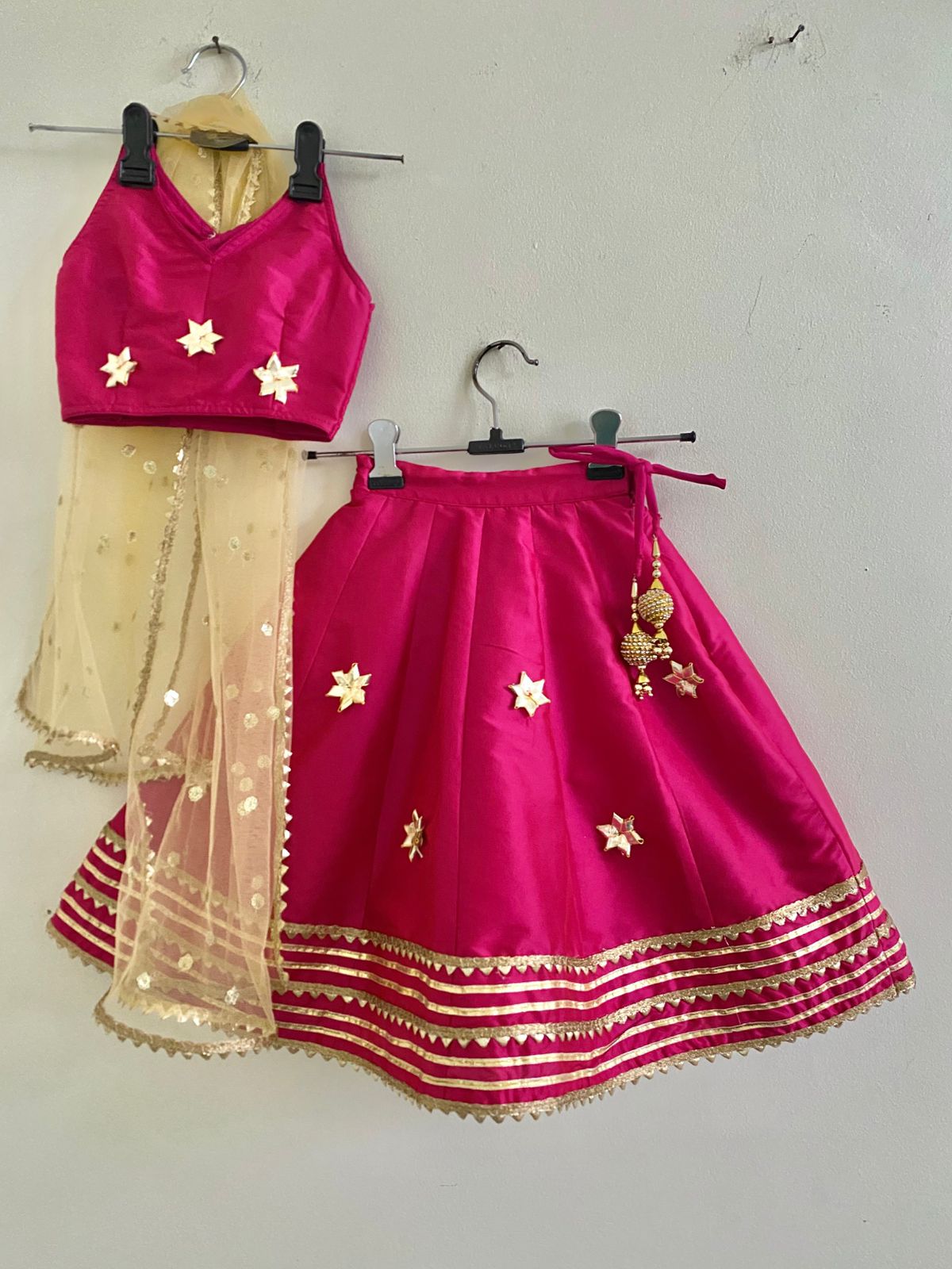 Girl Kids Magenta Pink Gota Embellished Lehenga Set