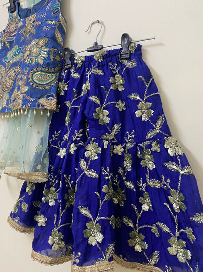 Royal Blue Embroidered Girls Kids Sharara Suit with Kurti