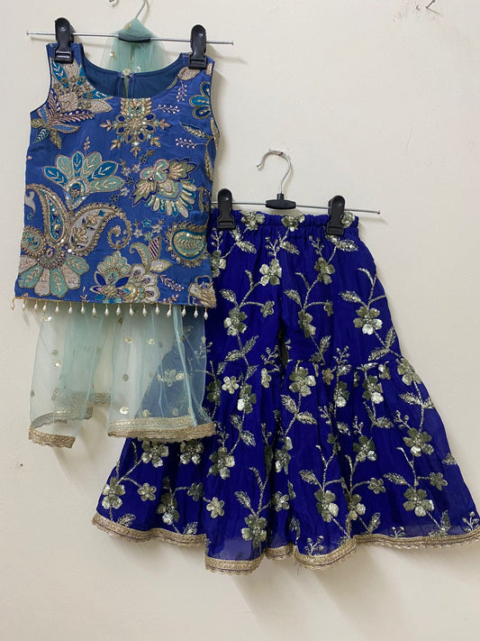 Royal Blue Embroidered Girls Kids Sharara Suit with Kurti
