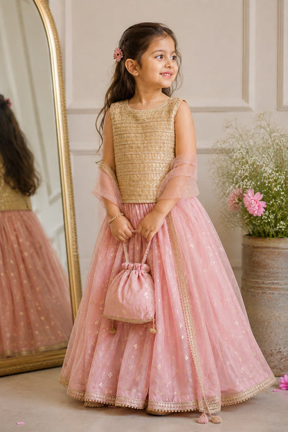 Pink Gold Embroidered Kids Lehenga Set