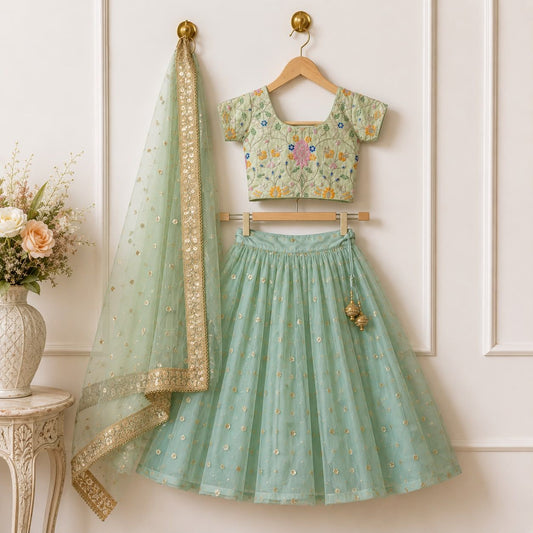 Girl Kids Mint Green Embroidered Lehenga Choli Set