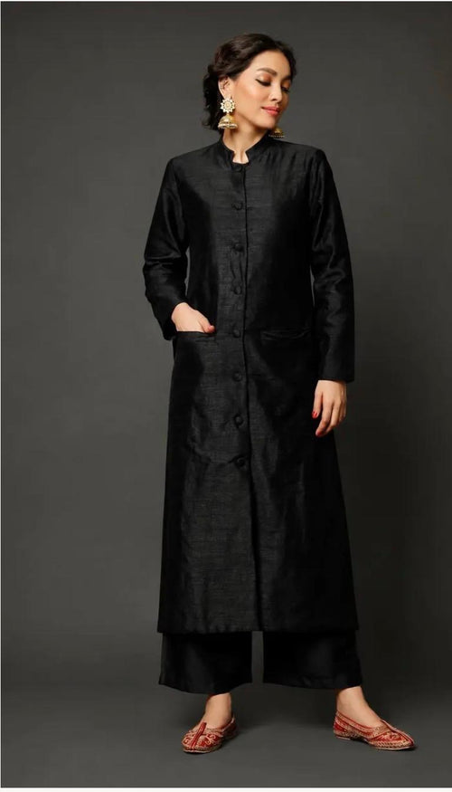 Black Raw Silk long kurta with palazzo pants