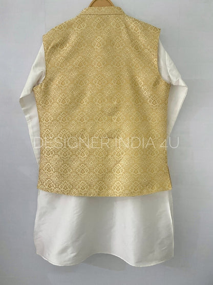 Mens Kurta Pajama with Half Jacket in Banarsi Jaquard