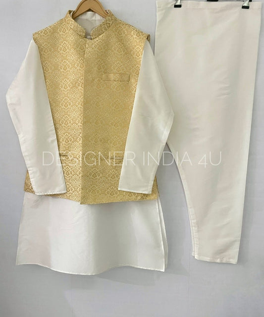 Mens Kurta Pajama with Half Jacket in Banarsi Jaquard