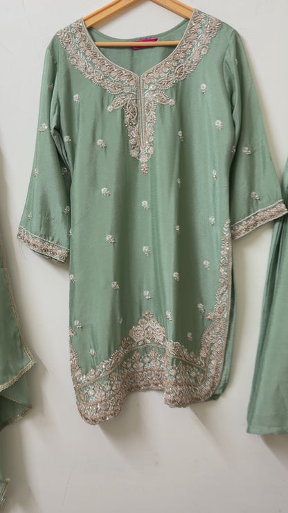 Sage Green Chinon Kurta with Palazzo & Dupatta | Zari Embroidery | Ethnic Wear | Sizes 40–46