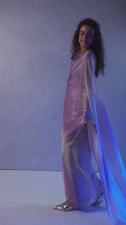 Lavender & Cream Ombre Organza Saree with Hand Embellishments