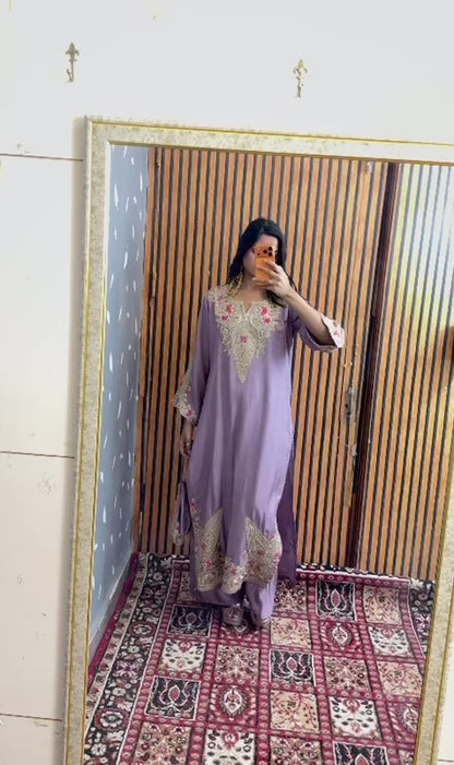 Mauve Kaftan Style Muslin Outfit with Potli Bag | Ethnic Wear | Sizes 40–46