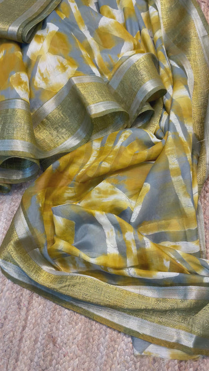 Cotton linen saree for women yellow with grey color