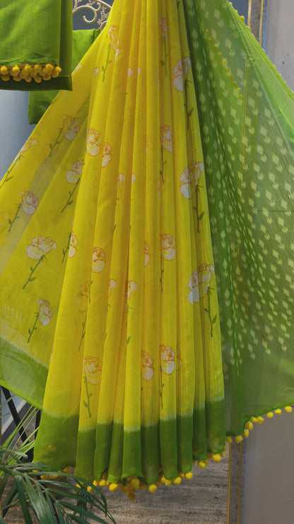 Lemon yellow cotton saree blouse for women