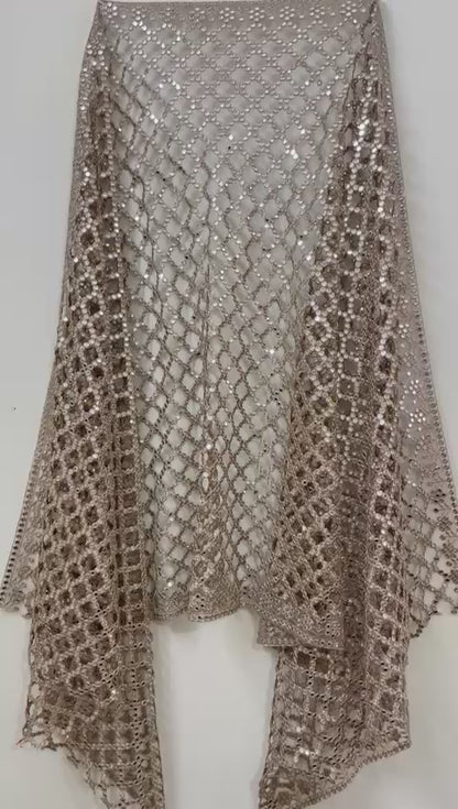 Posheeda Designer Net Dupatta – Golden Mirror & Sequin Work