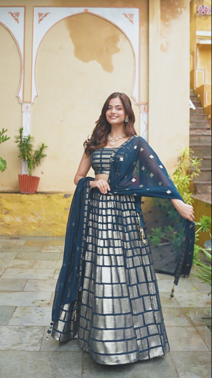 Navy Blue Woven Silk Lehenga Set