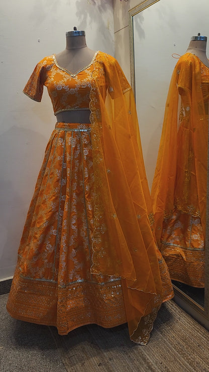 Wedding Wear Orange Banarasi Brocade Lehenga Blouse for Women