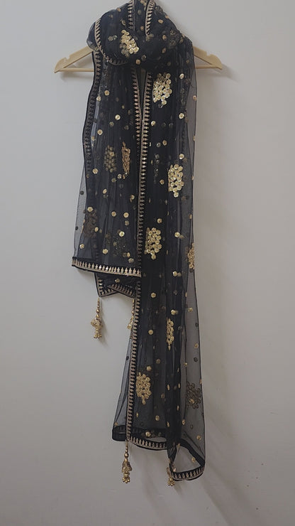 Black Embroidered Net Dupatta for Women