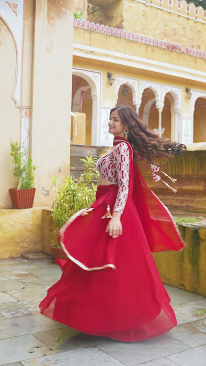 Elegant Red Lehenga with Embroidered Blouse & Dupatta